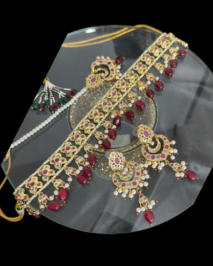 C560 Mahira choker with chandbali and tika in red beads ( READY TO SHIP )