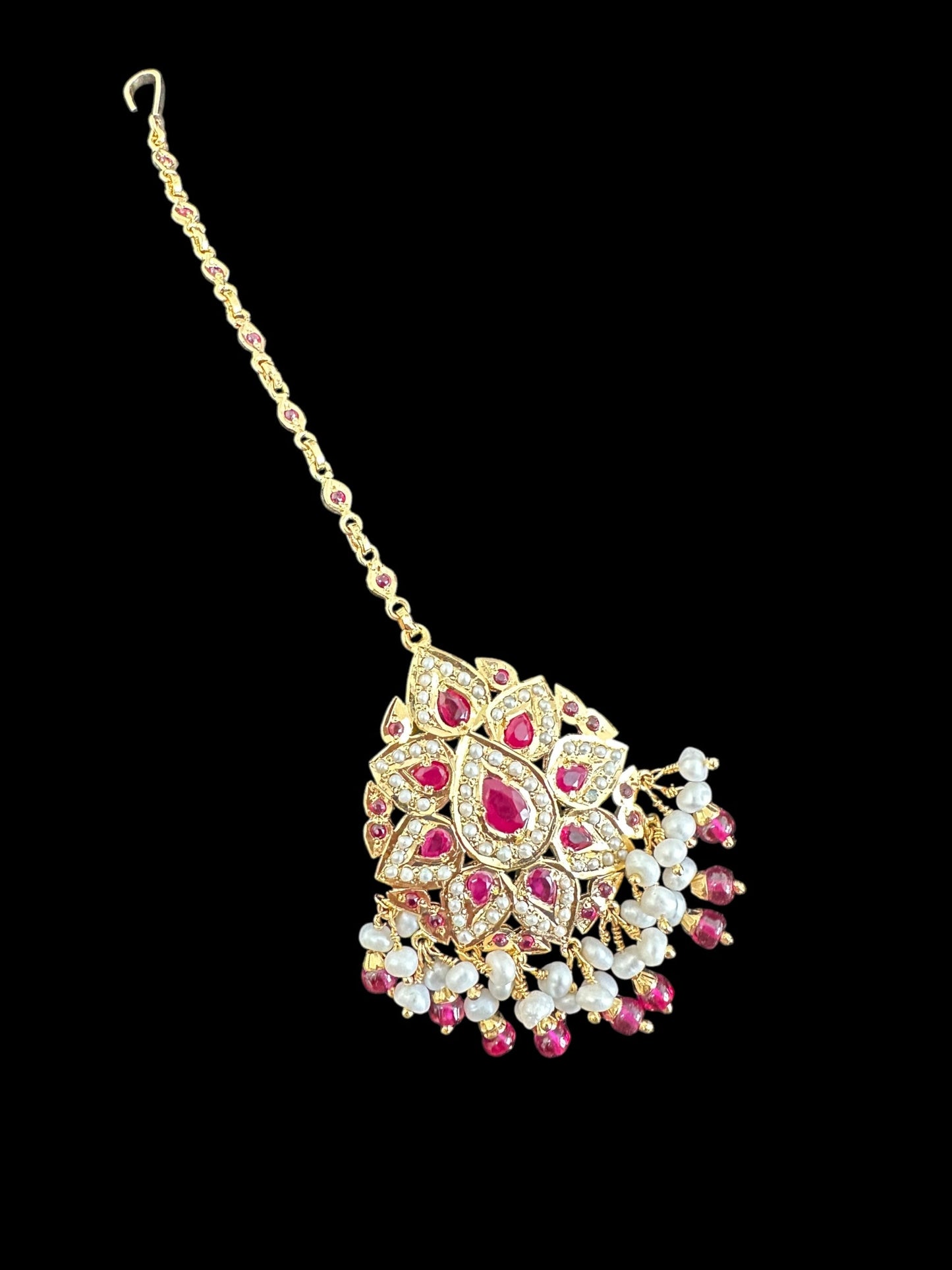 Gold plated silver jadau tikka in pearls and rubies ( SHIPS IN 5 WEEKS )