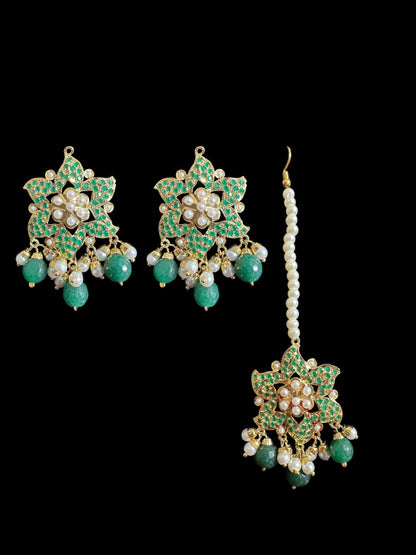 DJET66 Iza Jadau tops and tika set in pearls with green beads ( READY TO SHIP )