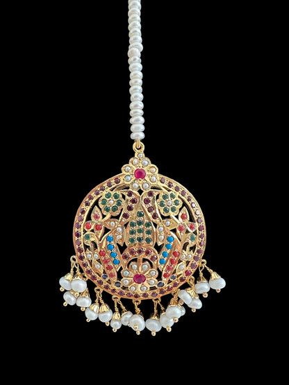 Navratan tika in silver with fresh water pearls - gold plated ( READY TO SHIP )