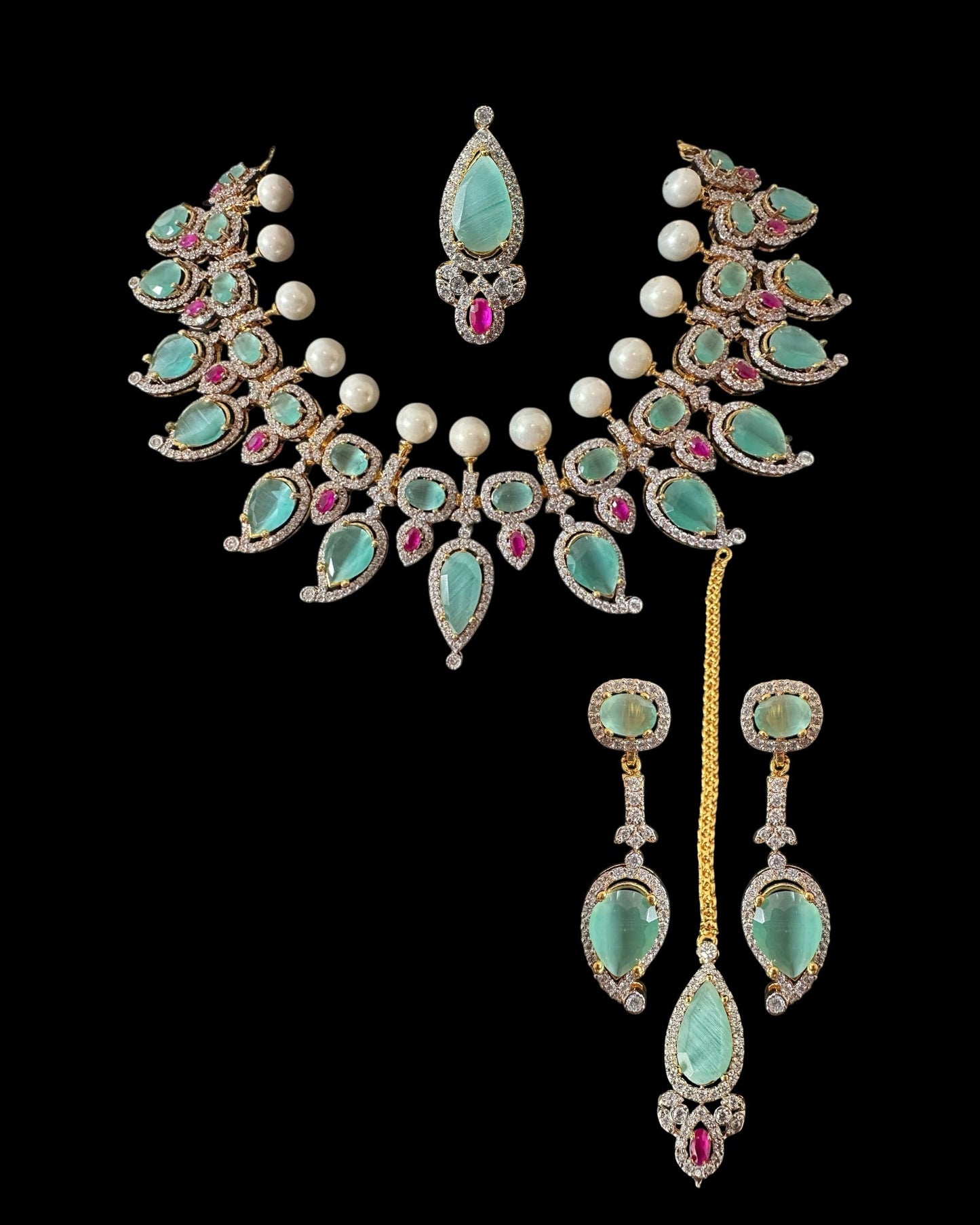 BR461  Anmol necklace set in Mint , rubies and pearls ( READY TO SHIP )