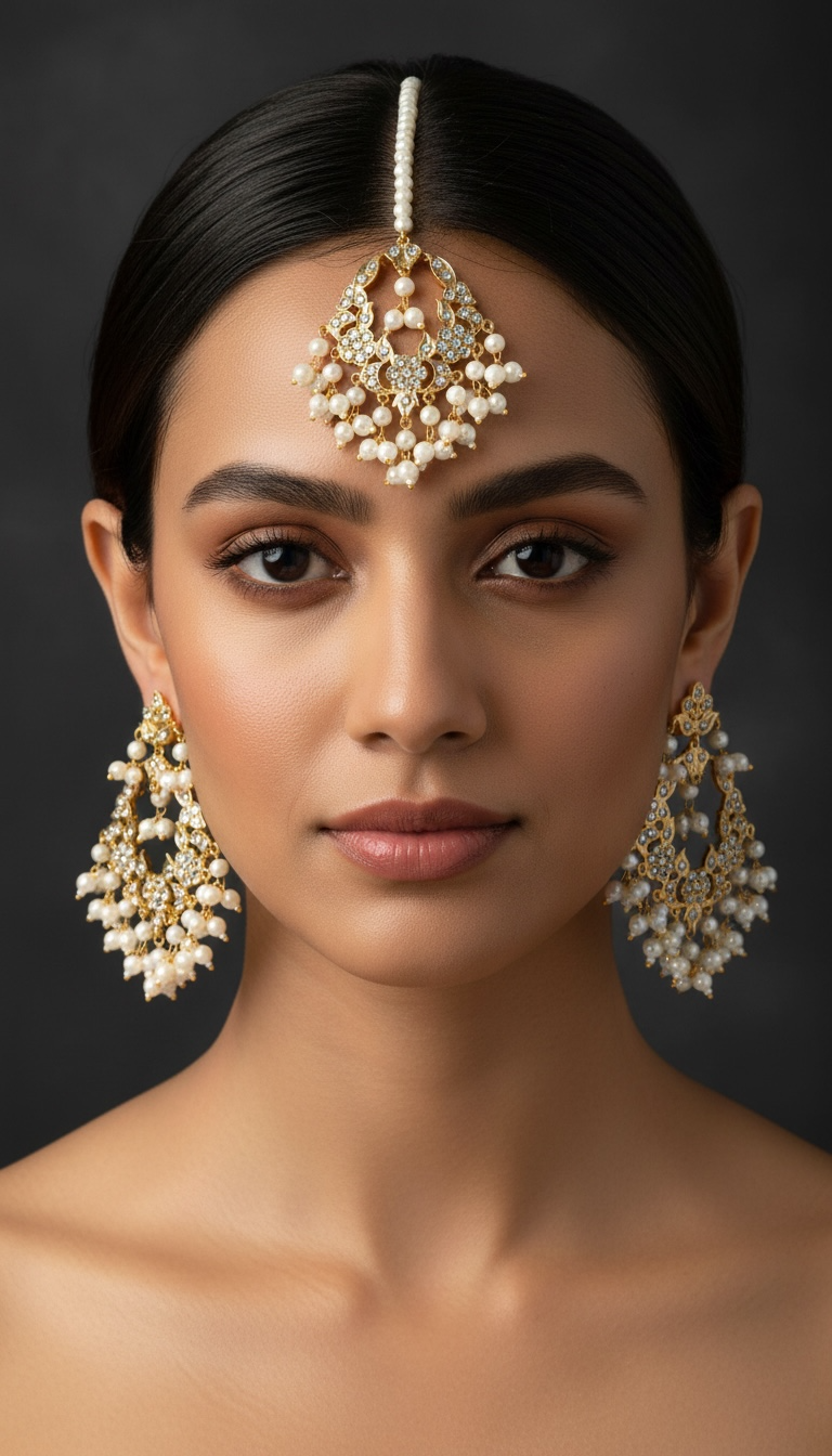 DJET33 Madhuri earrings tika set in pearls  ( READY TO SHIP )