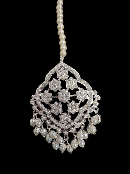 Mehru Jadau chandbali earrings tika in pearls - silver plated ( SHIPS IN 3 WEEKS )