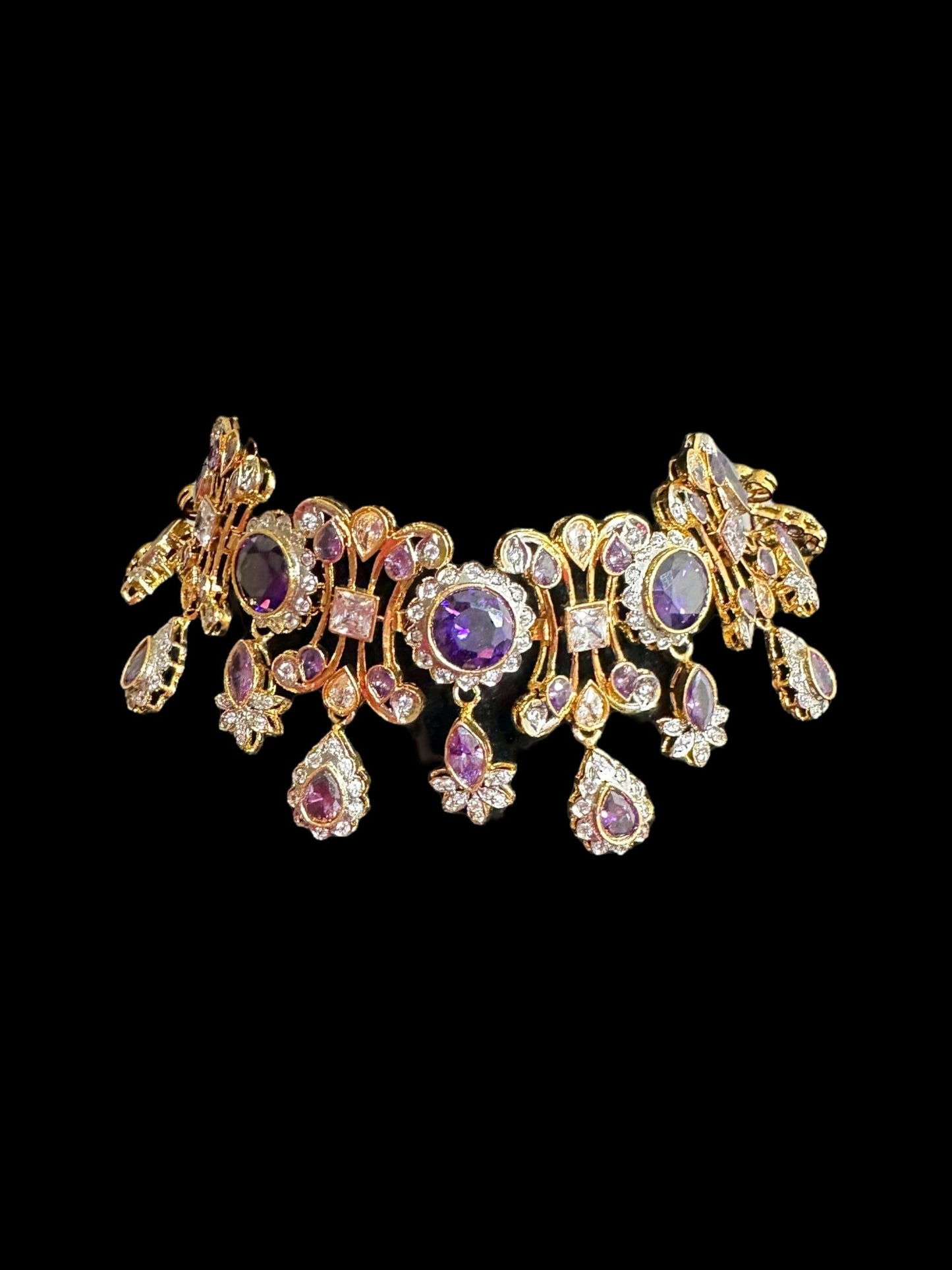 BR473 High quality cz  necklace set with tika - purple, Gold plated ( READY TO SHIP )