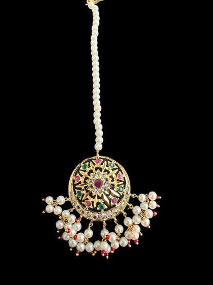JTK12 AYRA jhoomar and tika in ruby emerald with pearls  ( READY TO SHIP  )