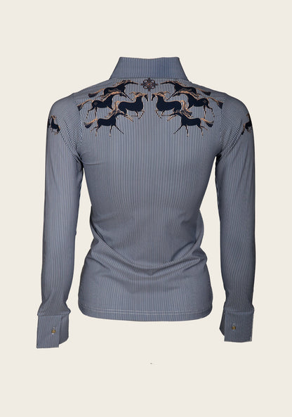 Running Horses Navy Ladies’ Button  Sun Shirt