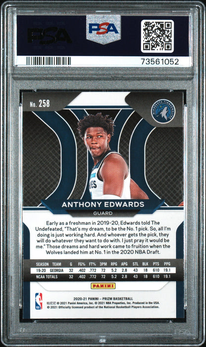 Graded 2020-21 Panini Prizm Anthony Edwards #258 Rookie RC Basketball Card PSA 9 Mint