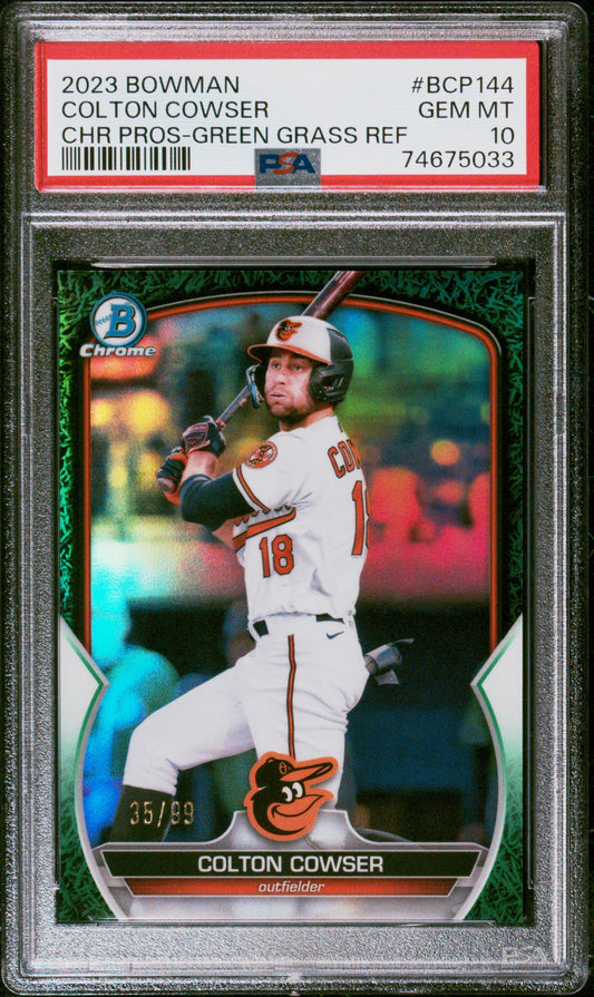 Graded 2023 Topps Bowman Colton Cowser #BCP144 Chrome Prospects Green Grass Refractor #/99 Rookie RC Baseball Card PSA 10 Gem Mint