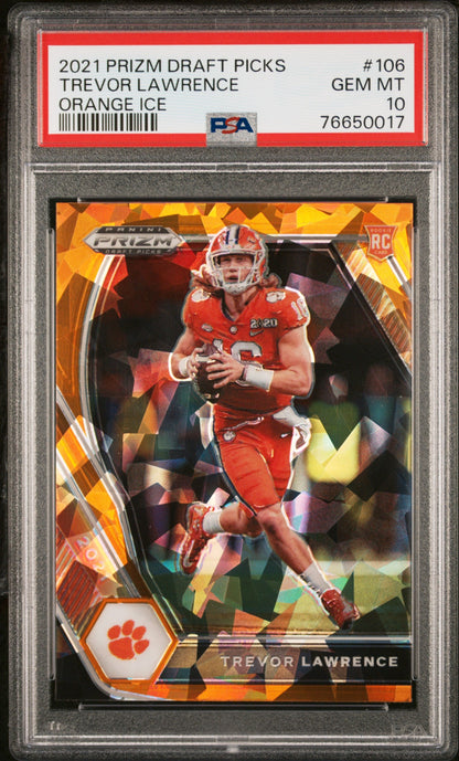 Graded 2021 Panini Prizm Draft Picks DP Trevor Lawrence #106 Orange Ice Rookie RC Football Card PSA 10 Gem Mint