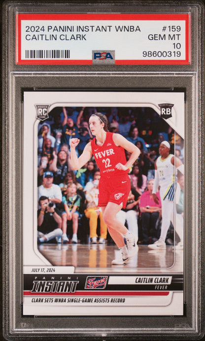 Graded 2024 Panini Instant WNBA Caitlin Clark #159 Sets Single Game Assists Record Rookie RC Basketball Card PSA 10 Gem Mint