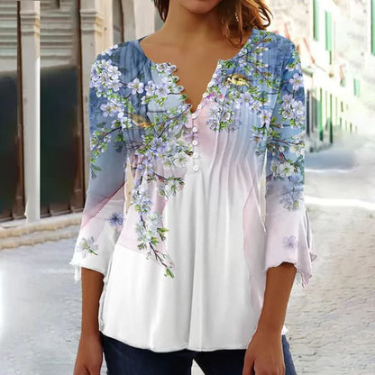Floral V-Neck Pleated Top - 3/4 Sleeve Button Front Blouse