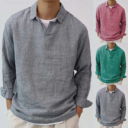 Men's Cotton Blend Retro Pullover Shirt - Long Sleeve Lapel
