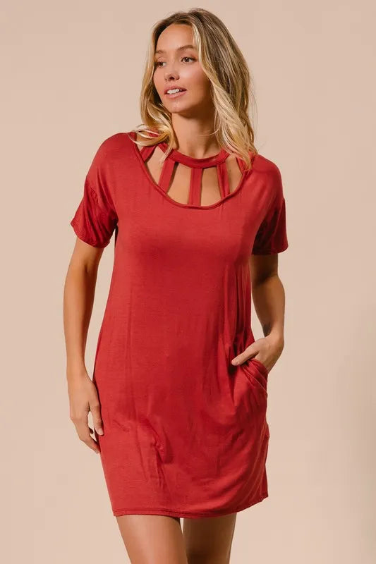 BiBi Front Cutout Mini Tee Dress with Pockets