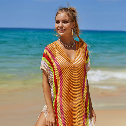 Rainbow Stripe Cotton Bikini Cover Up - Beach Mesh Knit Tunic