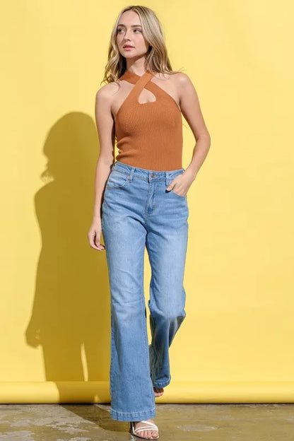 And The Why Basic Rib Cross Halter Neck Tank Top