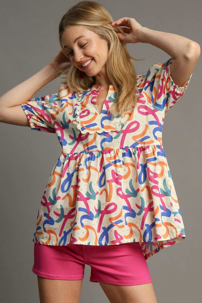 Umgee Full Size Mixed Print Puff Sleeve Babydoll Blouse Plus Size