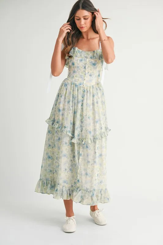 MABLE Floral Printed Shoulder Strap Midi Dress