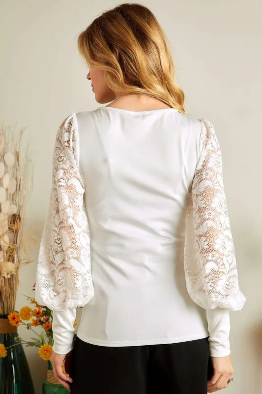 ADORA Lace Splicing Puff Sleeve Top