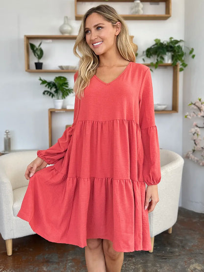 Full-Size V-Neck Balloon Sleeve Tiered Dress with Pockets