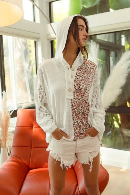 Garden Naked Slob Jersey with Lace Combo Buttoned Hoodie Top