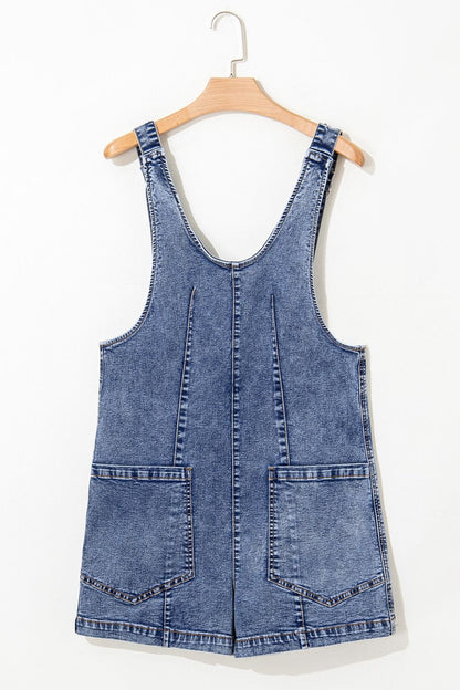 U Neck Patched Pocket Denim Overalls