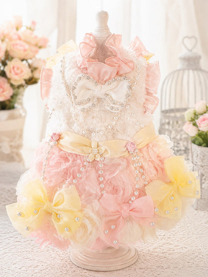 Luxury Pink Pearl Faux Fur Dog Dress | Handmade Princess Pet Dress for Small Dogs