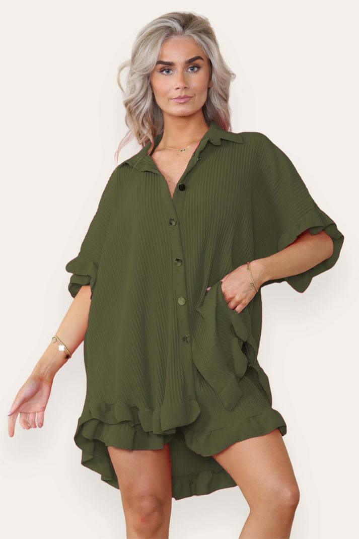 Women’s Ruffle Co-Ord Set – Oversized Button Shirt & Shorts