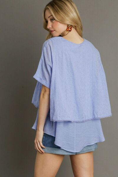 Umgee Full Size Eyelet Layered Short Sleeve Blouse Plus Size #2