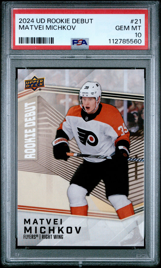 Graded 2024 Upper Deck Rookie Debut Matvei Michkov #21 Rookie RC Hockey Card PSA 10 Gem Mint