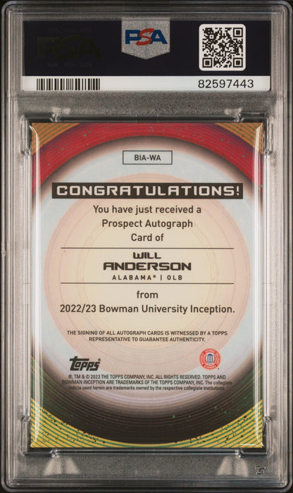 Graded 2022 Bowman U Inception Will Anderson #WA Autograph Rookie RC Football Card PSA 10 Gem Mint
