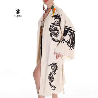 Boho Cotton Bath Robe – Organic Cotton Kimono Robe for Women, Dragon Gown & Beach Cover Ups