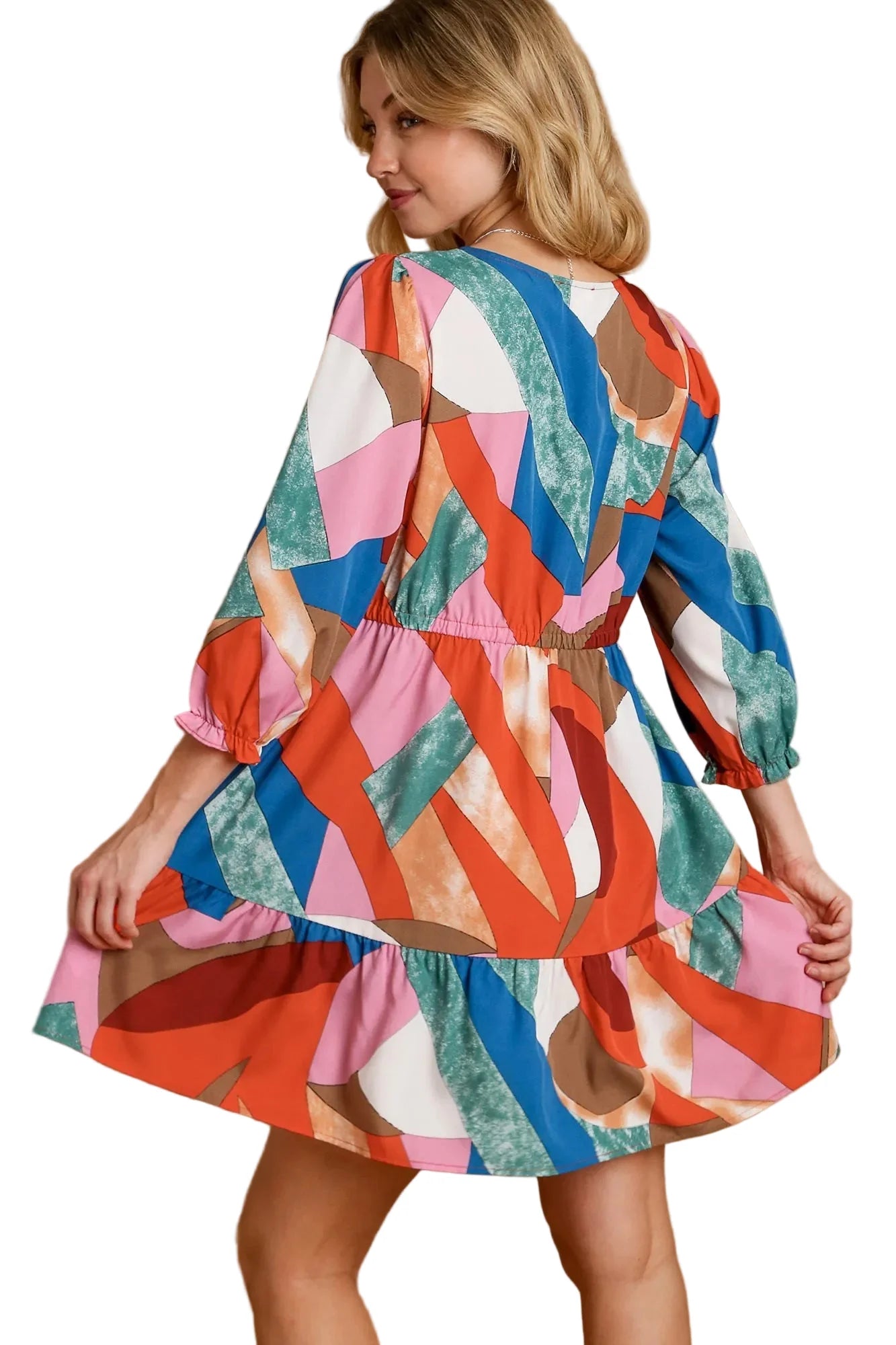 Abstract V-Neck Tiered Printed Dress