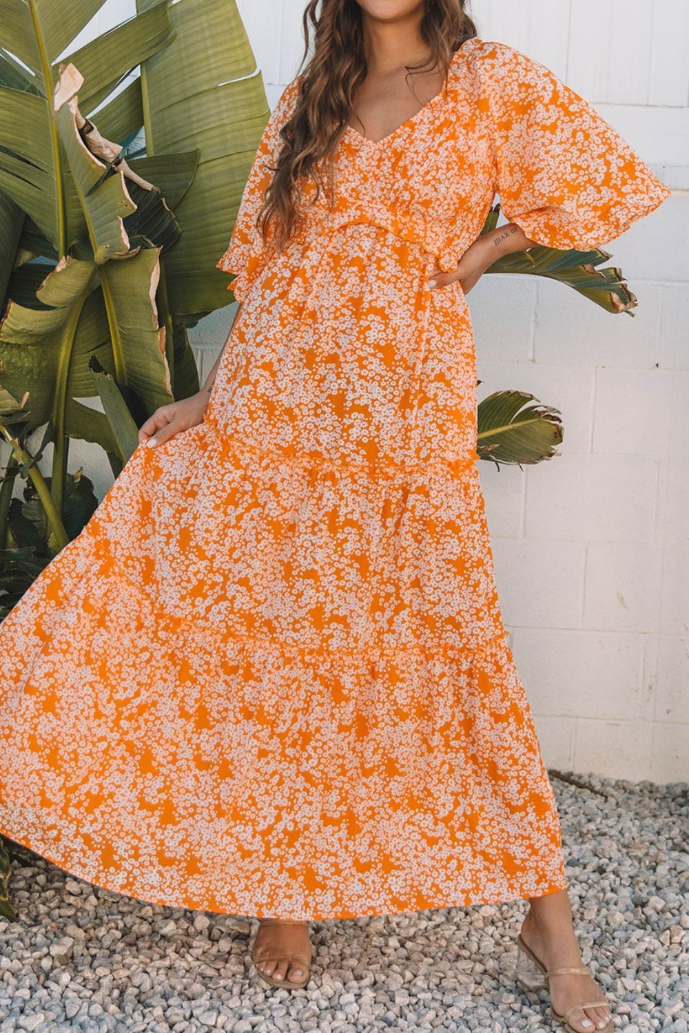 Floral Print Smocked V Neck Wide Sleeve Maxi Dress
