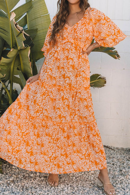 Floral Print Smocked V Neck Wide Sleeve Maxi Dress