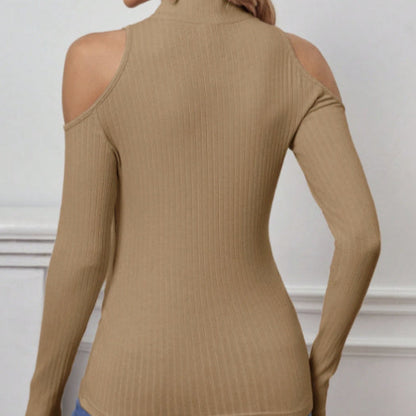 Polyester Cold Shoulder Zip Collar Top - Slim Fit Off Shoulder