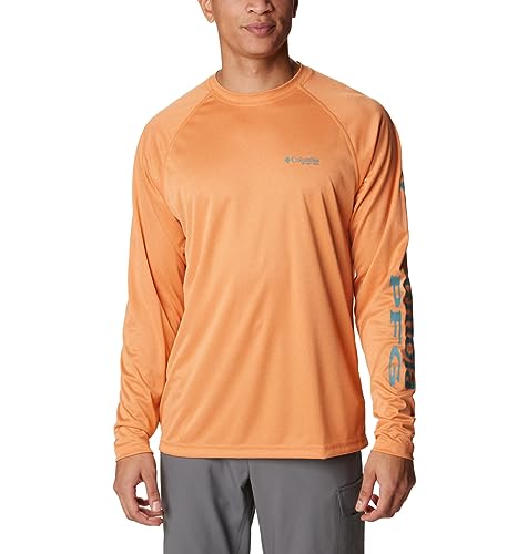 Columbia Men's Terminal Tackle Heather Long Sleeve Shirt, Orange Reef Heather/Tranquil Teal Logo, Large