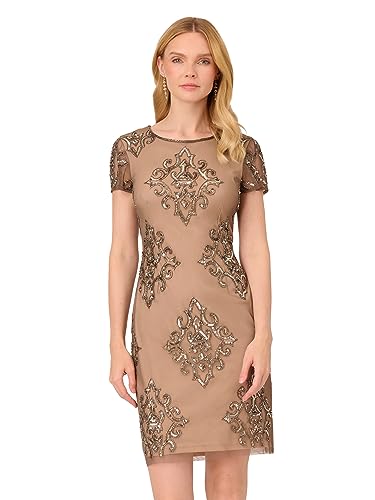 Adrianna Papell Women's Short Beaded Dress, Lead/Nude