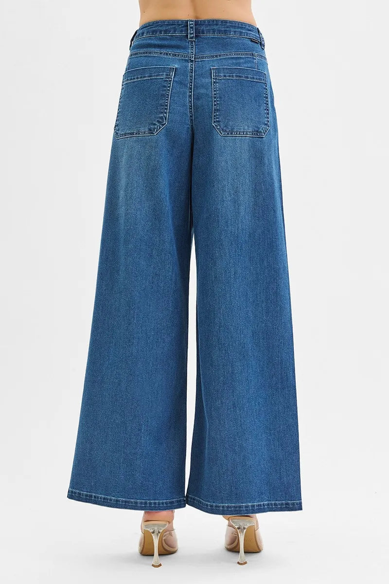 RISEN Mid Rise Fit Wide Leg Knit Denim Look Jeans