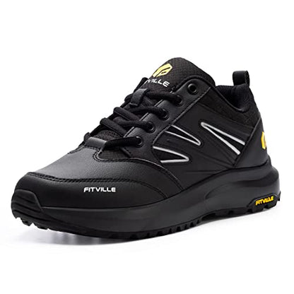 FitVille Mens Wide Hiking Shoes Waterproof Outdoor Work Shoes Trekking Trails Sneakers with Arch Support for Heel Pain Relief - Sturdy Core(Black, 15 X-Wide)