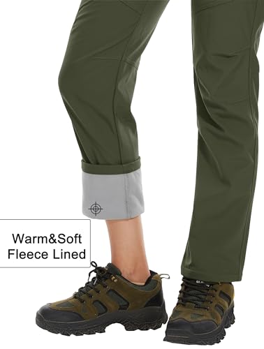 MAGCOMSEN Women's Fleece Lined Waterproof Insulated Softshell Pants Outdoor Snow Ski Pants Winter Warm Hiking Pants Army Green XS