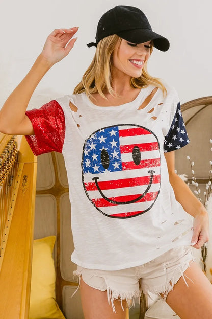 BiBi Fourth Of July Top With Laser Cut And Smile Face