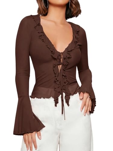 GORGLITTER Women's Vintage Tie Front Sheer Mesh Crop Top Ruffle Flare Long Sleeve Blouse Shirt Chocolate Brown Large