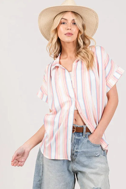 SAGE+FIG Multi Stripe Button Down Short Sleeve Shirt