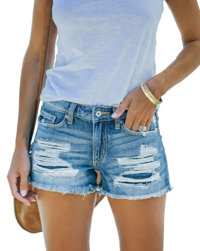 Women's Ripped Denim Jean Shorts Mid Rise Summer Hot Raw Hem Casual Shorts