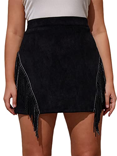 Floerns Women's Plus Size Rhinestone Fringe Suede Party A Line Mini Skirt Black 1XL
