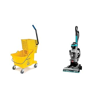 Carlisle FoodService Products Mop Bucket with Side-Press Wringer for Floor Cleaning, Restaurants & Bissell CleanView Rewind Upright Bagless Vacuum with Automatic Cord Rewind & Active Wand, 3534