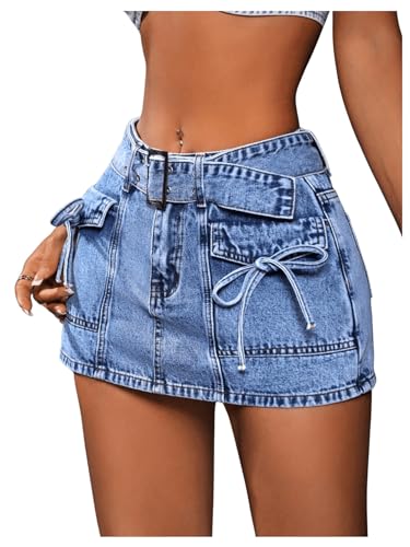 BEAUDRM Women's Low Waist Denim Skort Buckle Belted Flap Pockets Bows Front Denim Jean Skort Skirt Mini Shorts Blue 27