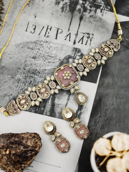 C341 Antique plated choker set in pink ( READY TO SHIP )