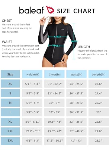 BALEAFWomen's Long Sleeve Rash Guard Zip Front Swim Shirts Sun Protection Swimsuits Jacket Black/Grey M