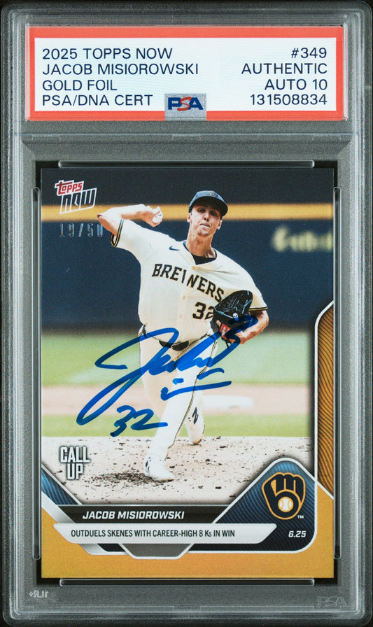 Graded 2025 Topps Now Jacob Misiorowski #349 Gold Foil /50 Rookie RC Baseball Card PSA 10 Auto Grade Gem Mint